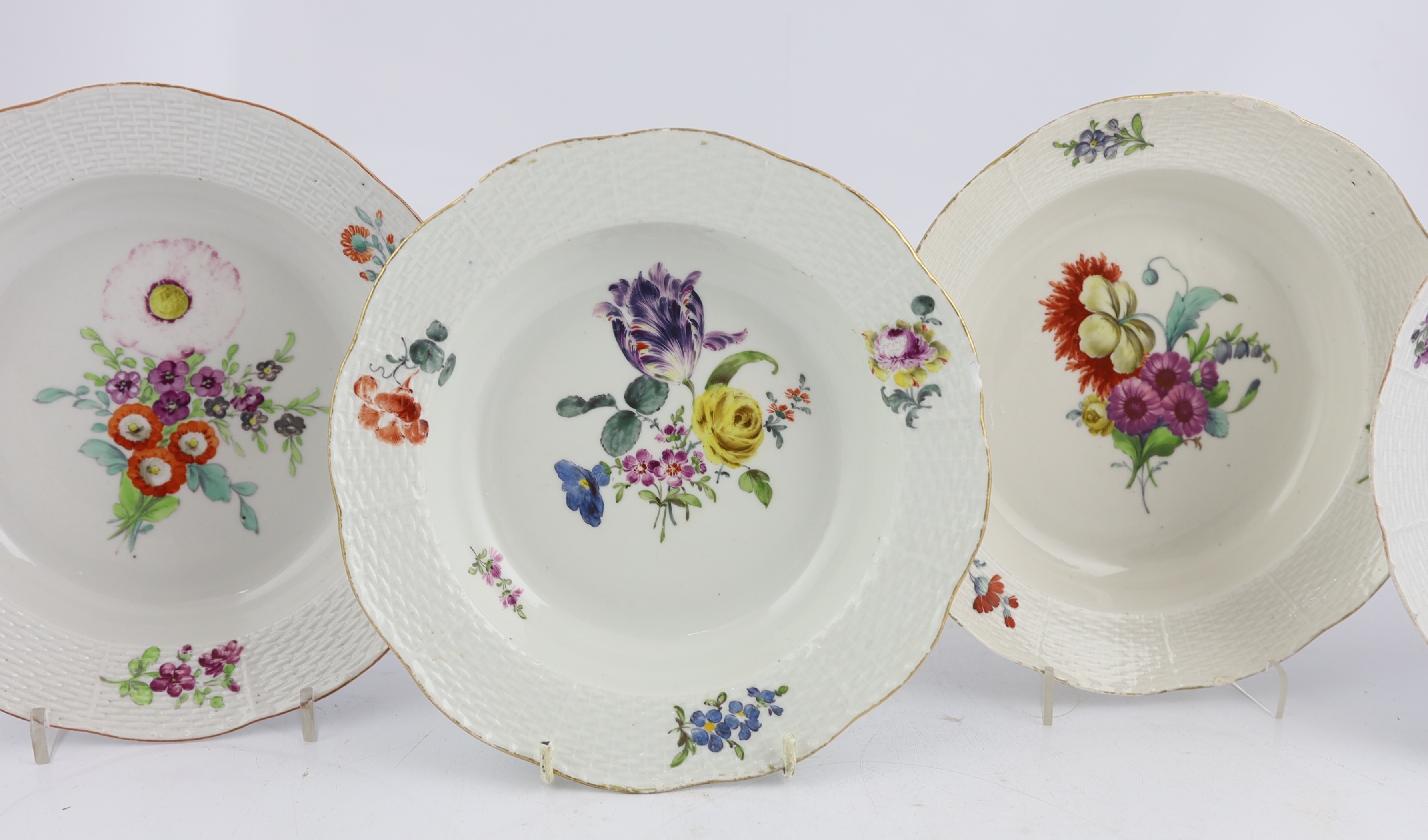 Three Russian Imperial porcelain soup plates from Catherine the Great (1762-96) ‘Everyday Service’ and one similar Meissen soup plate